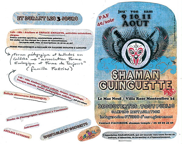 Affiche découpée avec commentaires de la Shaman Guinguette Party